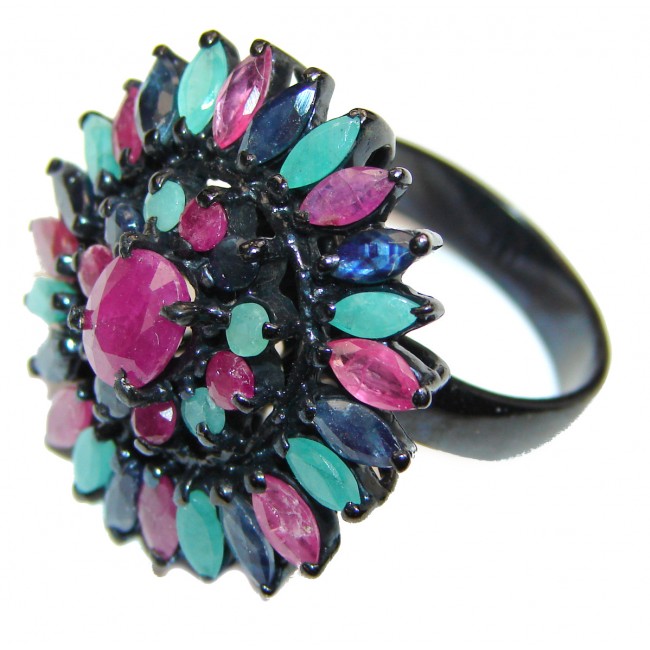 Genuine Ruby Emerald Sapphire .925 Sterling Silver handmade LARGE Cocktail Ring s. 9 3/4