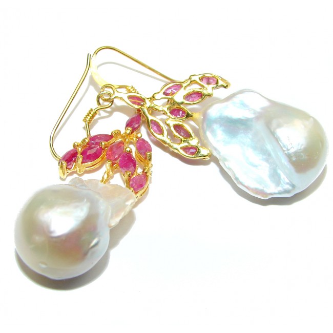 Precious Baroque Style genuine Mother of Pearl Ruby 24K Gold over .925 Sterling Silver earrings