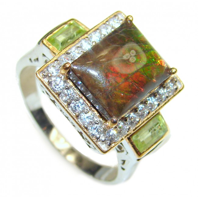 Outstanding Genuine Canadian Ammolite 18K Gold over .925 Sterling Silver handmade ring size 8