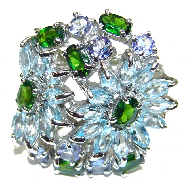 Huge Aquamarine Chrome Diopside .925 Sterling Silver handcrafted ring size 9