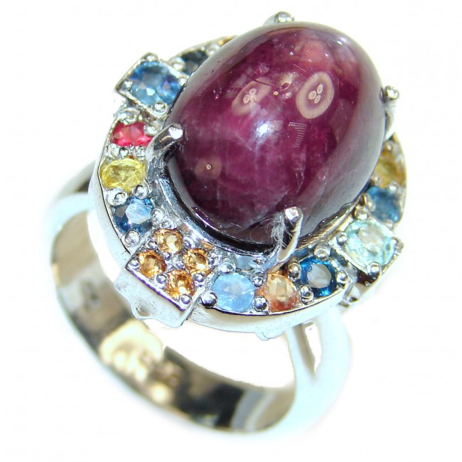 Genuine Ruby Star multicolor Sapphire .925 Sterling Silver handmade LARGE Cocktail Ring s. 8