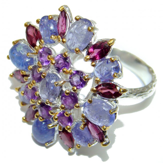 Bouquet of Flowers Authentic African Tanzanite .925 Sterling Silver handmade Ring s. 8 3/4