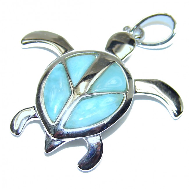 Happy Turtle inlay Larimar .925 Sterling Silver Pendant