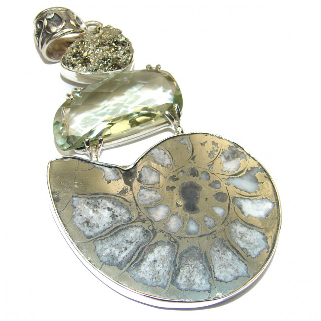 Star dust Ammonite .925 Sterling Silver handcrafted LARGE pendant