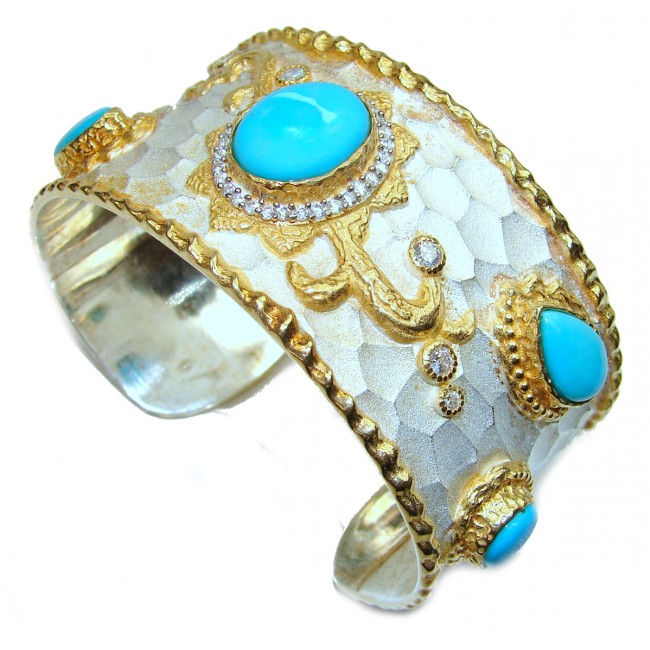 Bracelet with Sleeping Beauty Turquoise and Diamonds 24K Gold .925 Sterling Silver in Antique White Patina