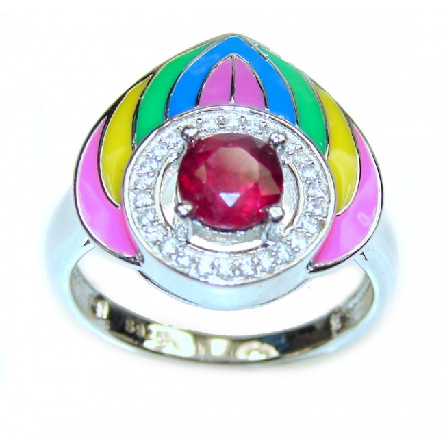 Summer Time Ruby & Enamel Sterling Silver ring; s. 7 3/4