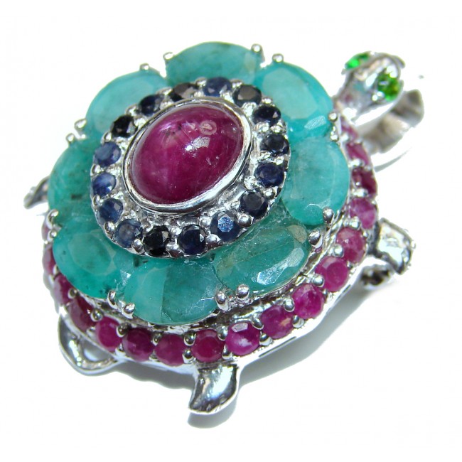 Happy Turtle genuine Ruby Emerald .925 Sterling Silver handcrafted Pendant brooch