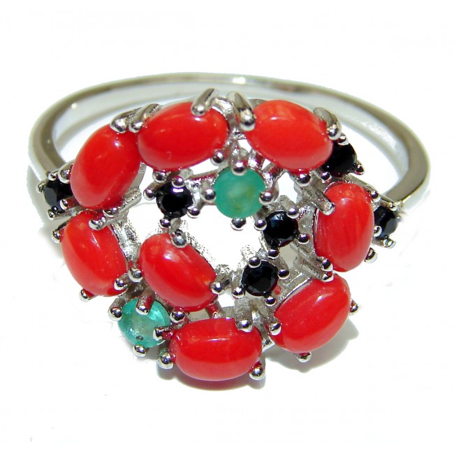 Natural Fossilized Coral & Emerald .925 Sterling Silver handmade ring s. 10