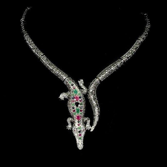 MASSIVE Alligator Genuine Ruby Emerald Marcasite .925 Sterling Silver handmade handcrafted Necklace