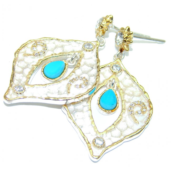 Genuine Sleeping Beauty Turquoise 2 tones .925 Sterling Silver handcrafted Earrings