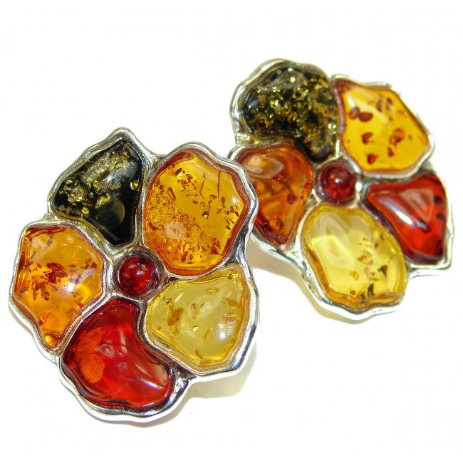Wonderful Flowers Amber .925 Sterling Silver entirely handcrafted chunky earrings