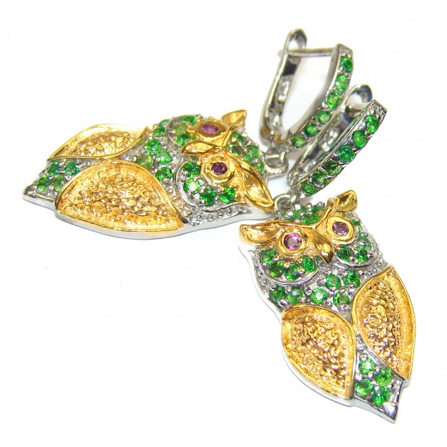 Perfect genuine Chrome Diopside Owl 18K Gold over .925 Sterling Silver handmade earrings