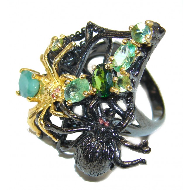 Huge! Black Widow Spiders Emerald Peridot Rhodium over .925 Sterling Silver ring s. 8