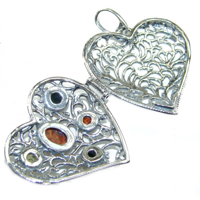 Secret compartment Baltic Amber Heart .925 Sterling Silver Pendant