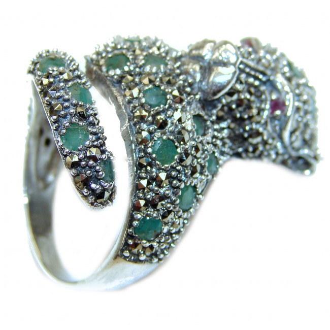 Panthere Emerald Ruby .925 Sterling Silver handcrafted Statement Ring size 7 1/2