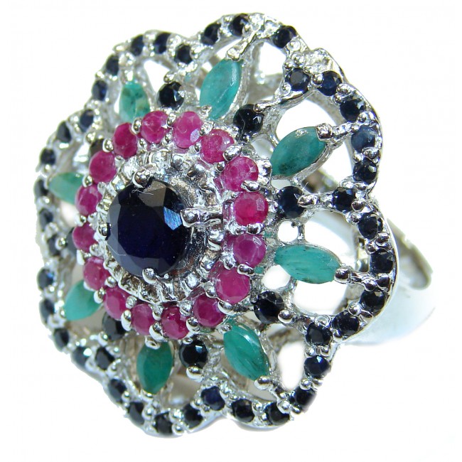 Sapphire Ruby Emerald .925 Sterling Silver handmade Cocktail Ring s. 9
