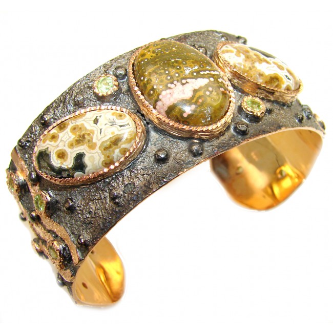 Authentic Ocean Jasper 18K Gold Rhodium over .925 Sterling Silver handcrafted Bracelet / Cuff