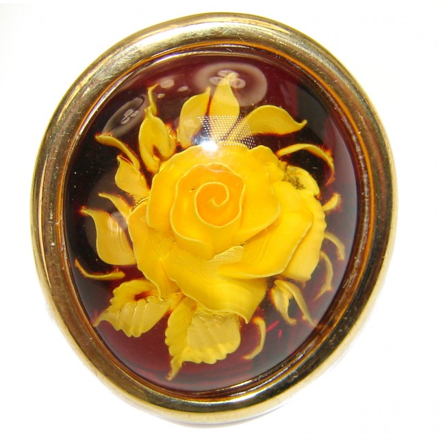 Golden Rose Authentic carved Baltic Amber 14K Gold over .925 Sterling Silver handcrafted Large ring; s. 6 1/4