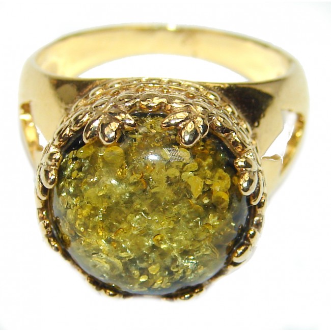 Authentic Green Baltic Amber 14K Gold over .925 Sterling Silver handcrafted ring; s. 8 3/4
