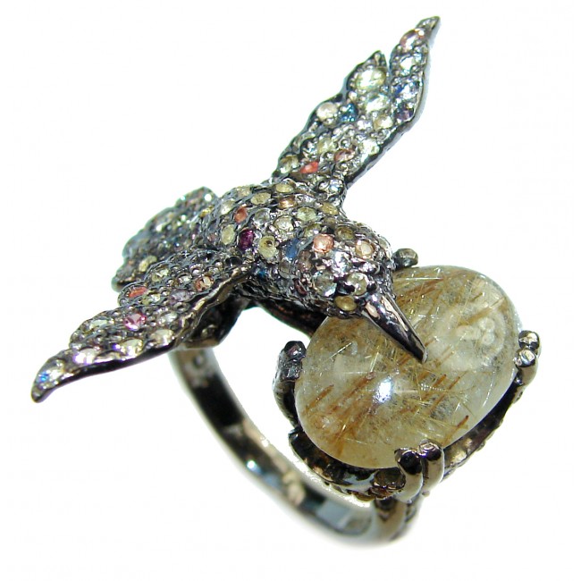 Hummingbird genuine Golden Rutilated Quartz black rhodium over .925 Sterling Silver handmade Ring size 7 1/4