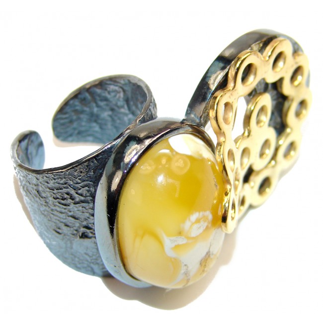 Authentic Baltic Amber 14K Gold over .925 Sterling Silver handcrafted HUGE ring; s. 6 adjustable