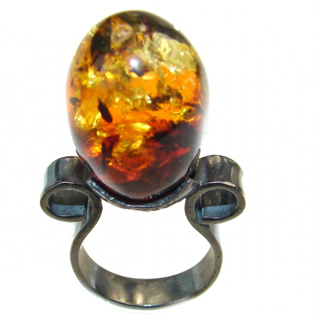 Authentic Baltic Amber black rhodium over .925 Sterling Silver handcrafted HUGE ring; s. 8