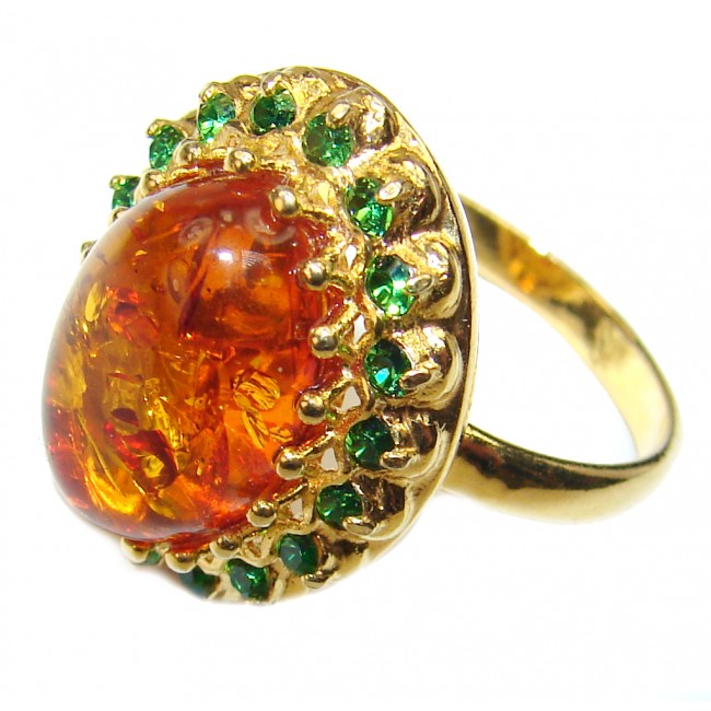 Best quality Baltic Amber Chrome Diopside 14K Gold over .925 Sterling Silver handmade Ring size 8