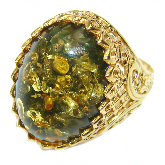 Authentic Green Baltic Amber 14K Gold over .925 Sterling Silver handcrafted ring; s. 8 adjustable