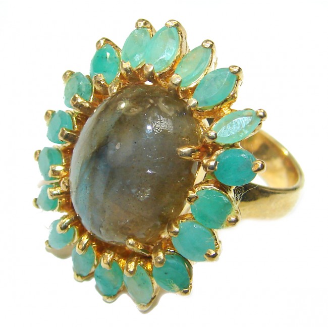 Mesmerizing Fire Labradorite Emerald 14K Gold over .925 Sterling Silver Bali handmade ring size 8 1/2