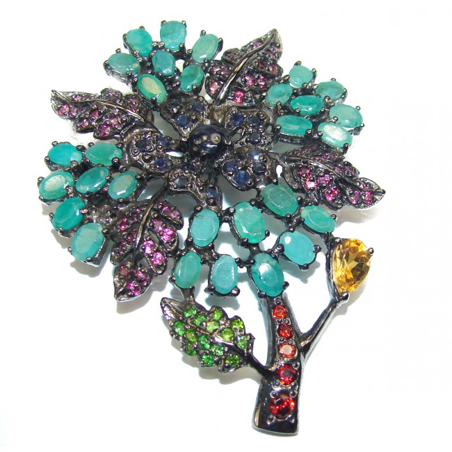 Magic Tree Emerald Ruby Black rhodium over .925 Sterling Silver handmade Pendant Brooch