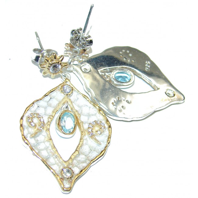 Rich Design Swiss Blue Topaz .925 Sterling Silver in Antique White Patina handcrafted earrings