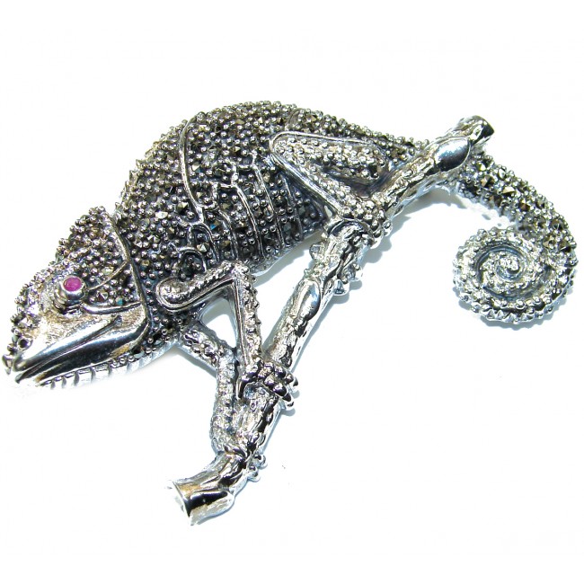HUGE Spectacular Big Chameleon Lizard Marcasite .925 Sterling Silver handmade Brooch