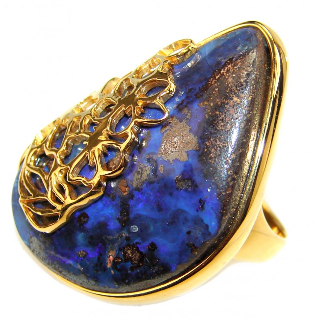 Magic Night Australian Boulder Opal 18K Gold over .925 Sterling Silver handcrafted ring size 7 3/4