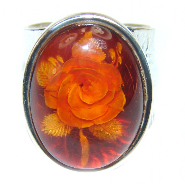 Beautiful Authentic carved Baltic Amber .925 Sterling Silver handcrafted ring; s. 7 adjustable