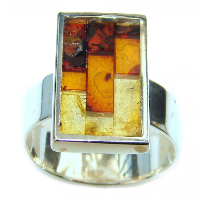 Mosaic Brown Polish Amber Sterling Silver 100% handmade Ring size 7 adjustable