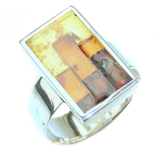 Mosaic Brown Polish Amber Sterling Silver 100% handmade Ring size 7 adjustable
