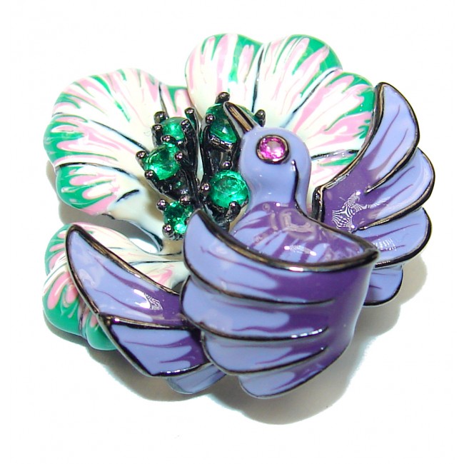 Enamel Purple Bird and Flowers .925 Sterling Silver handmade Pendant