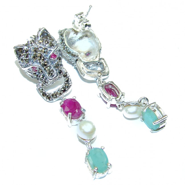Panthere Precious genuine Ruby Pearl .925 Sterling Silver earrings