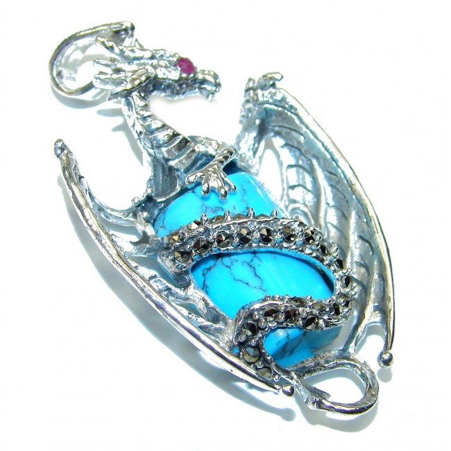 Spectacular Gothic Dragon Blue Turquoise .925 Sterling Silver handmade pendant