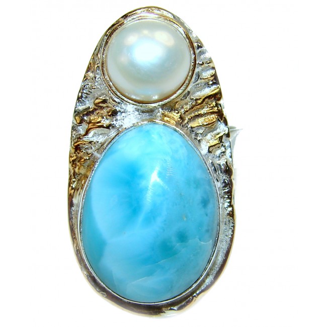 Natural Larimar Pearl .925 Sterling Silver handcrafted Ring s. 8 adjustable