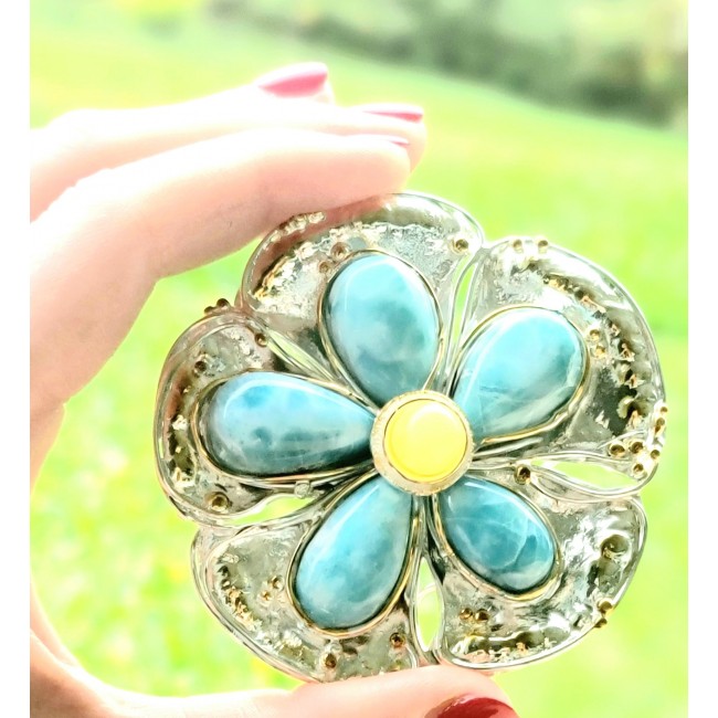 Large Flower 62.9 grams Larimar from Dominican Republic .925 Sterling Silver handmade pendant brooch