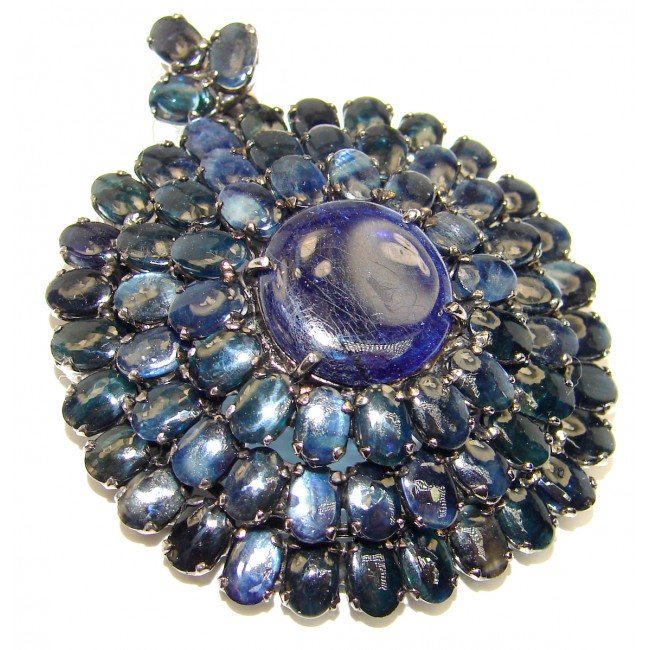 Classy Blue Flower genuine Sapphire .925 Sterling Silver handmade Pendant - Brooch
