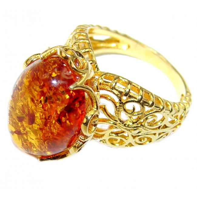 Authentic Green Baltic Amber 14K Gold over .925 Sterling Silver handcrafted ring; s. 6 3/4