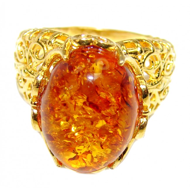 Authentic Green Baltic Amber 14K Gold over .925 Sterling Silver handcrafted ring; s. 6 3/4