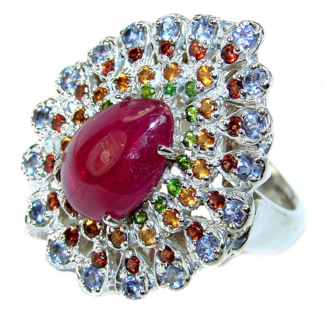 Falling in Love Red Ruby Sapphire .925 Sterling Silver handmade Cocktail Ring s. 8 1/4