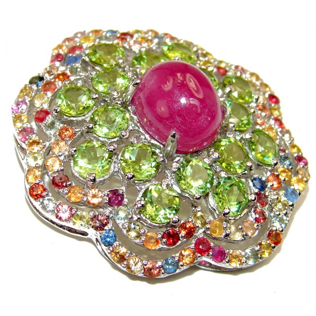 Real Treasure Genuine Kashmir Ruby Peridot .925 Sterling Silver handmade Pendant - Brooch