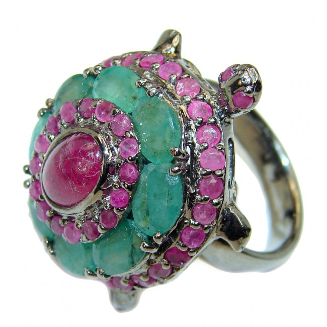 Good health and Long life Turtle Genuine Ruby Emerald .925 Sterling Silver handmade HUGE Ring size 9 1/2