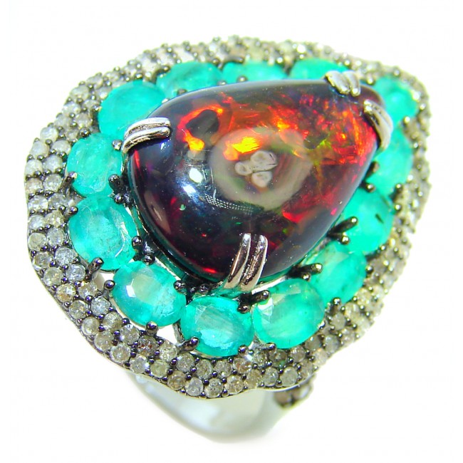 A COSMIC POWER Genuine Black Opal Emerald 14K White Gold over .925 Sterling Silver handmade Ring size 9 1/4