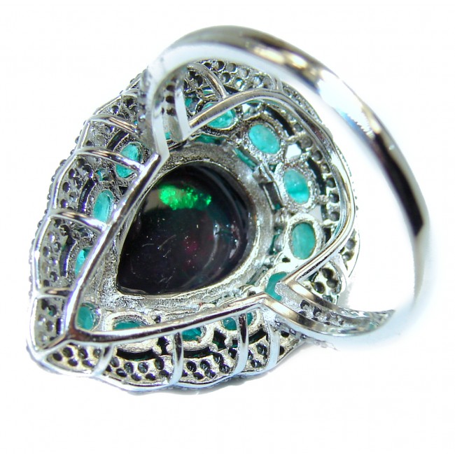A COSMIC POWER Genuine Black Opal Emerald 14K White Gold over .925 Sterling Silver handmade Ring size 9 1/4