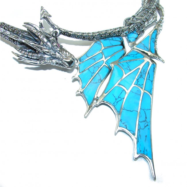 MASSIVE Dragon Genuine inlay Turquoise Marcasite .925 Sterling Silver handmade handcrafted Necklace